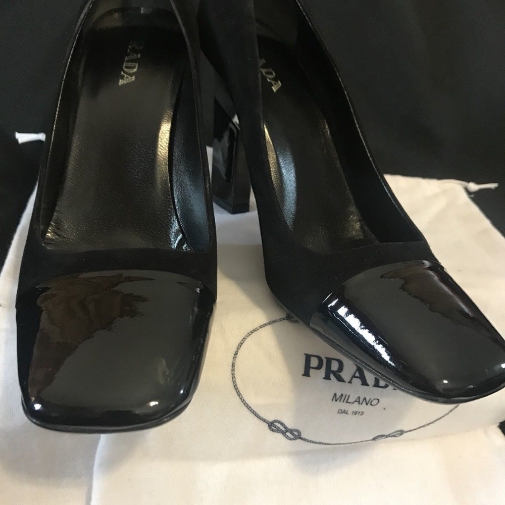PRADA~ Suede & Patent Leather Heels~Size 39/8.5 with Silver Hardware~ - Picture 5 of 7